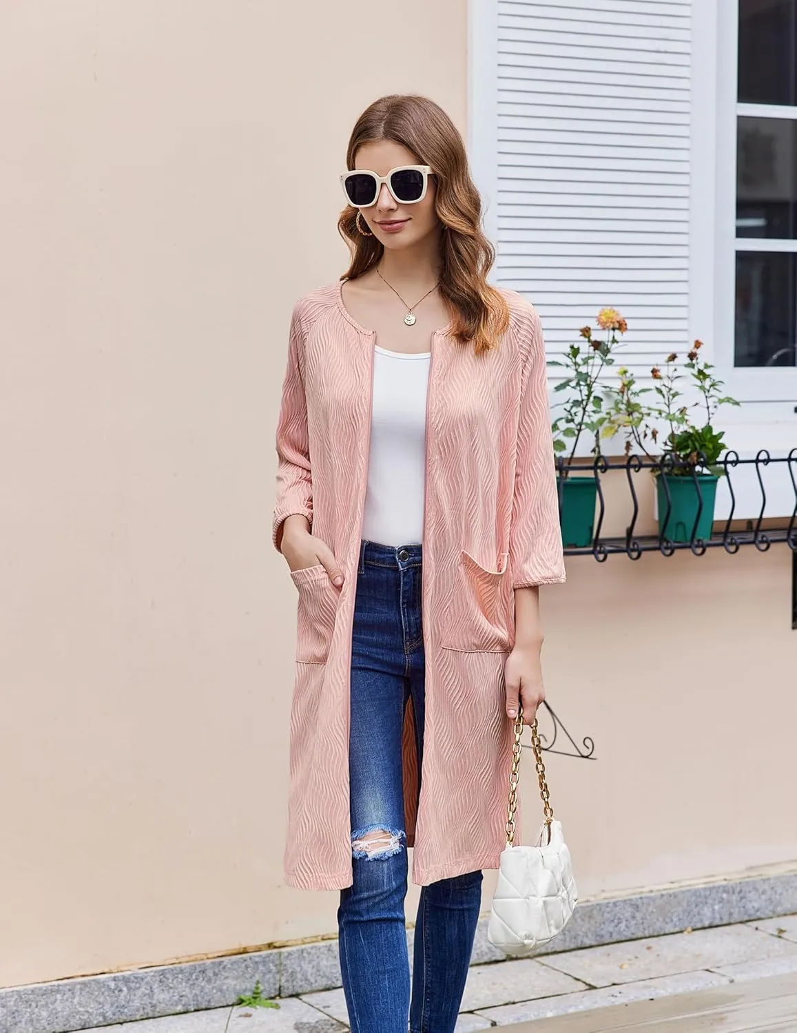 Ekouaer Women Zipper Robes 3/4 Sleeve Ribbed Knit Bathrobe Lightweight Knee Length Loungewear Housecoat with Pockets S-3XL