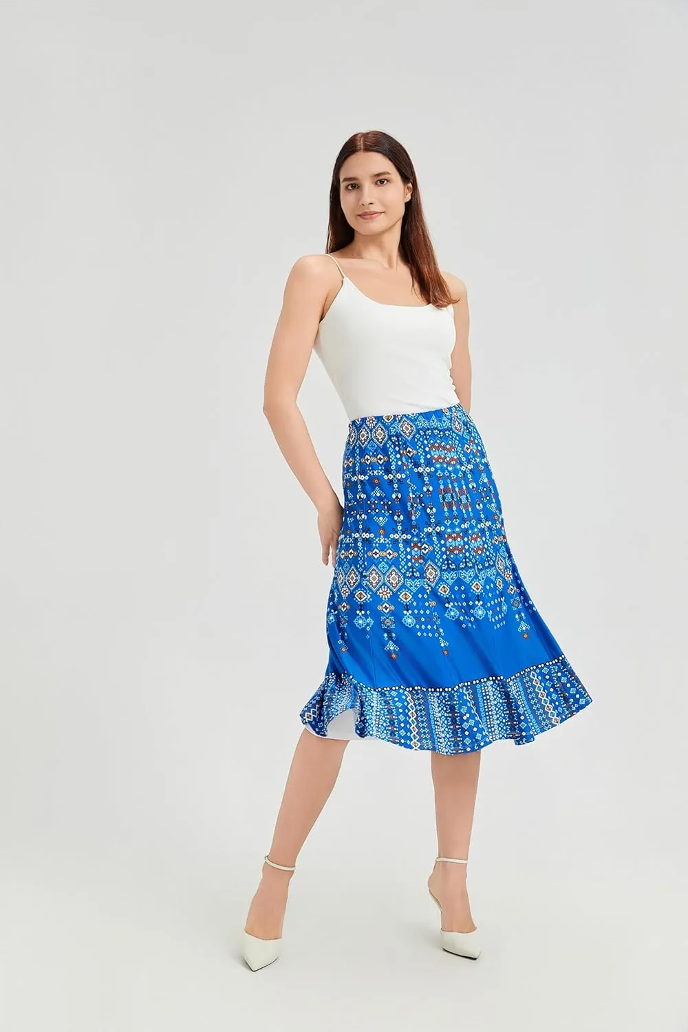Elegant Floral Print High Waist Pleated Bell Maxi Dress for Women - Midlife Chic Slimming Midi-Length Summer Casual