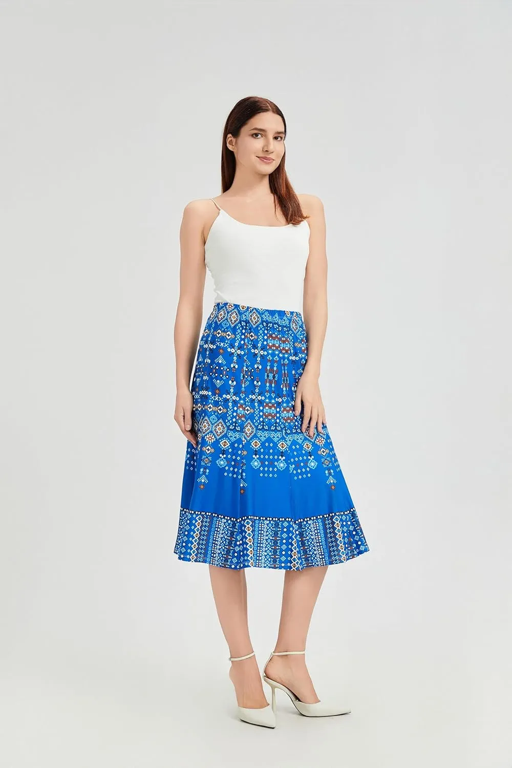 Elegant Floral Print High Waist Pleated Bell Maxi Dress for Women - Midlife Chic Slimming Midi-Length Summer Casual