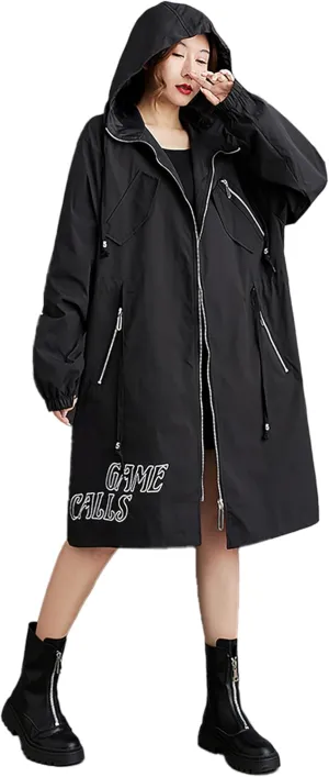 ellazhu Women's Coat Long Sleeve Zip Up Patterned Hoody Straight Hem Loose Casual Elastic Armhole Two Side Pockets GZ377