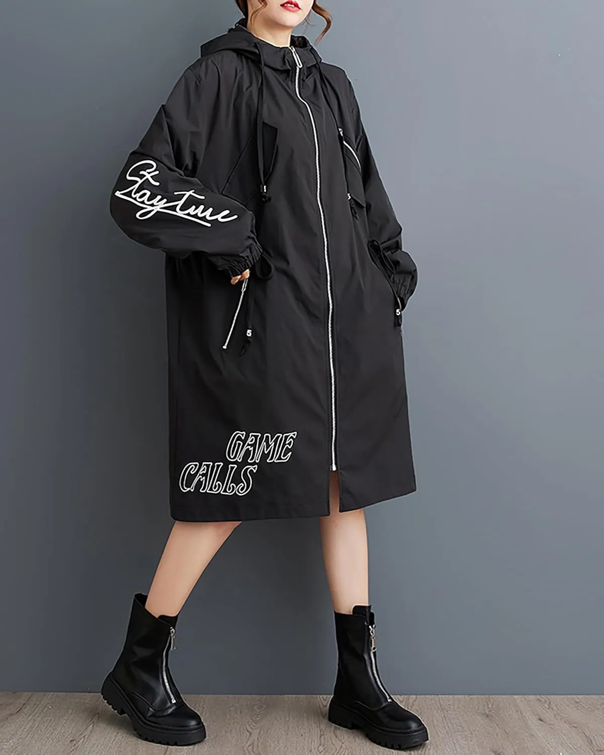ellazhu Women's Coat Long Sleeve Zip Up Patterned Hoody Straight Hem Loose Casual Elastic Armhole Two Side Pockets GZ377
