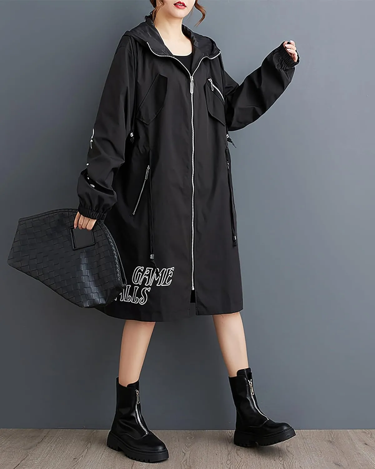 ellazhu Women's Coat Long Sleeve Zip Up Patterned Hoody Straight Hem Loose Casual Elastic Armhole Two Side Pockets GZ377
