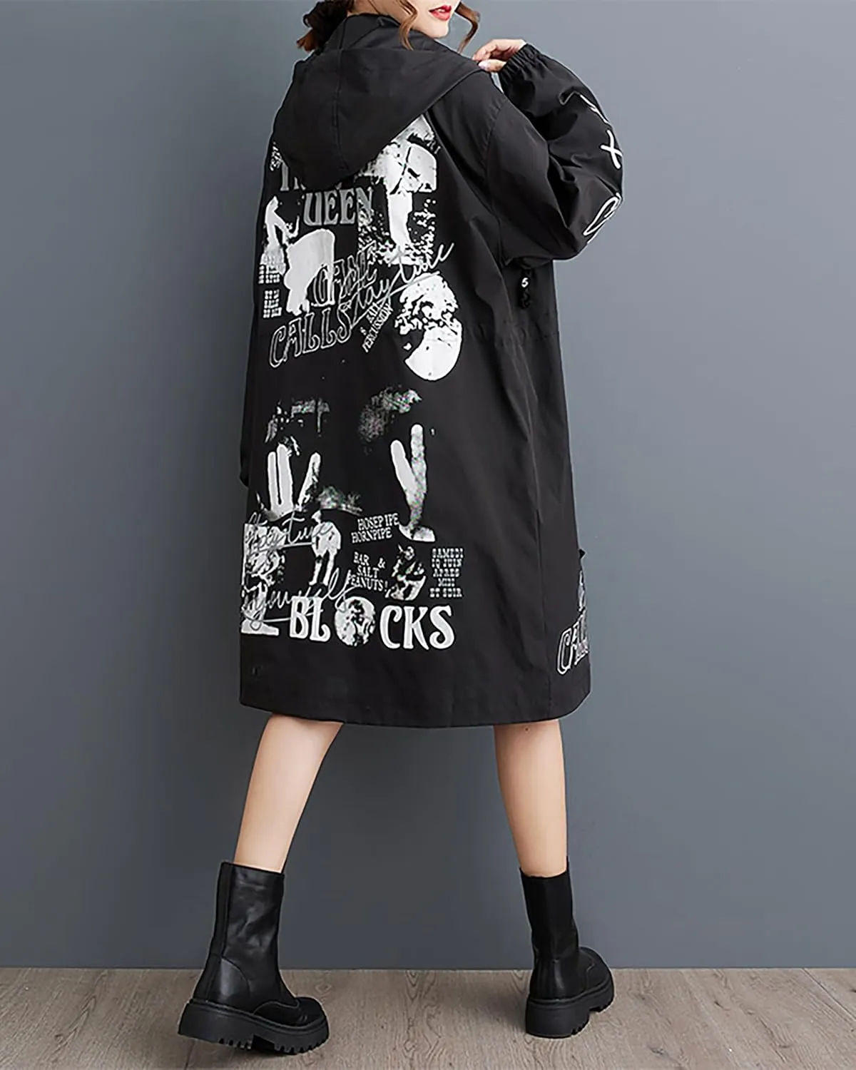 ellazhu Women's Coat Long Sleeve Zip Up Patterned Hoody Straight Hem Loose Casual Elastic Armhole Two Side Pockets GZ377