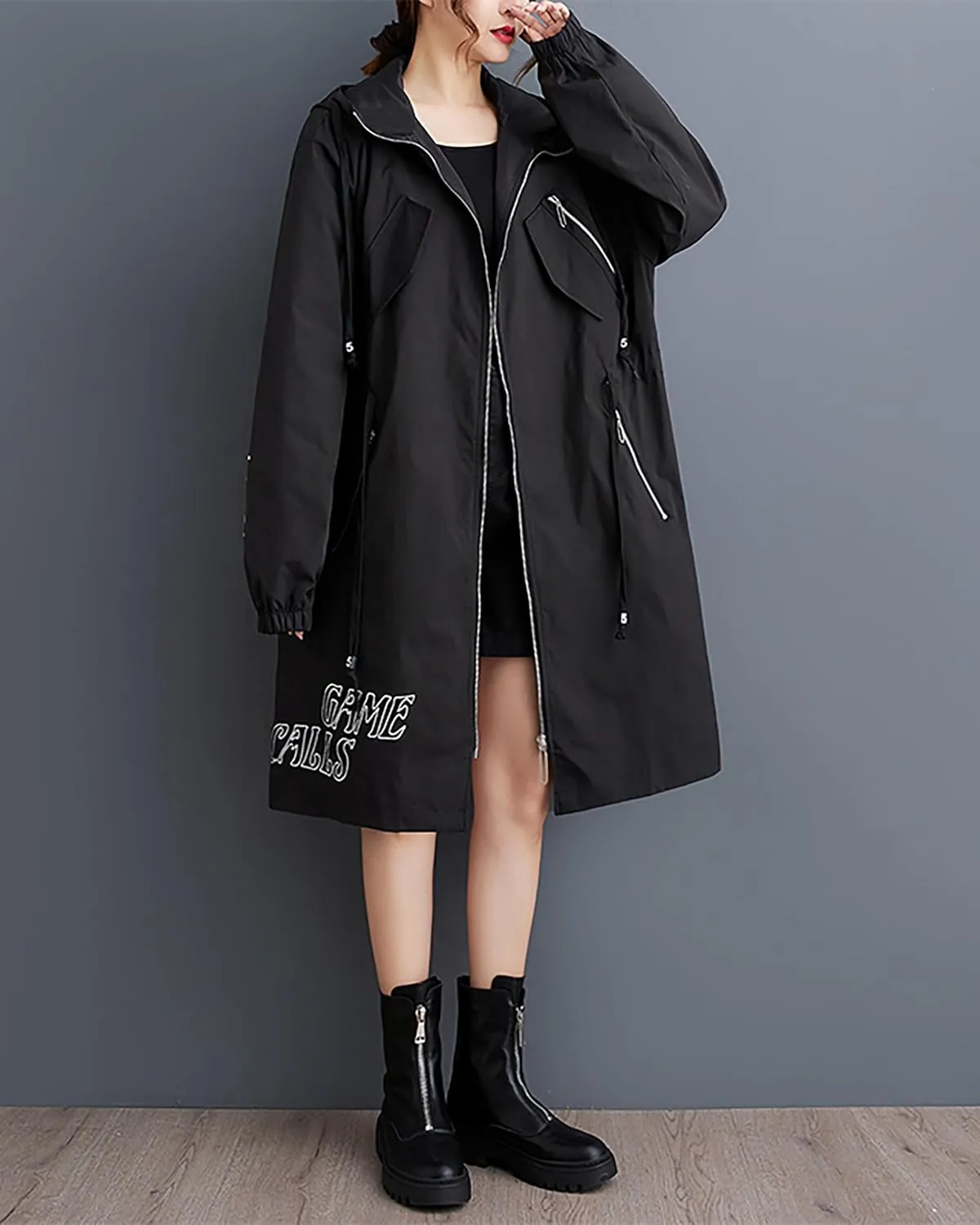 ellazhu Women's Coat Long Sleeve Zip Up Patterned Hoody Straight Hem Loose Casual Elastic Armhole Two Side Pockets GZ377