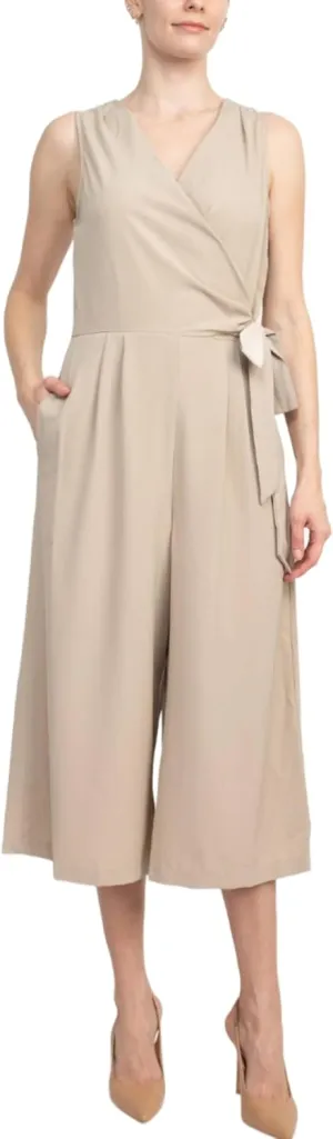 EMMA & MICHELE V-Neck Sleeveless Tie Side Solid Pockets Crepe Jumpsuit