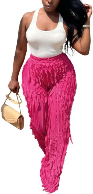 ENOPINK Women's Sexy High Waist Pants Casual Wide Leg Long Pants Palazzo Flowy Trousers Party Clubwear Pink XL