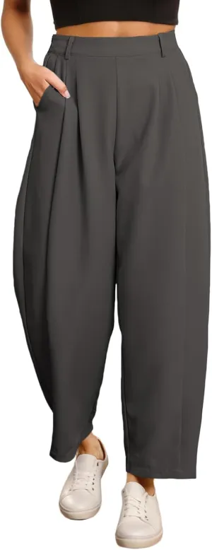 EVALESS Wide Leg Barrel Pants for Women 2025 Trendy High Waisted Palazzo Pants Womens Business Work Casual Stretchy Elastic Waist Baggy Slacks with Pockets Dark Grey Small