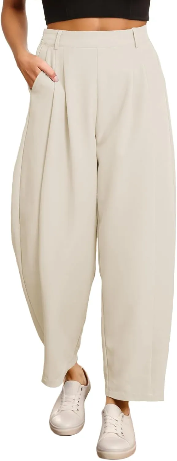EVALESS Womens Wide Leg Barrel Pants Elastic High Waisted Trousers Business Work Casual Palazzo Pants with Pockets
