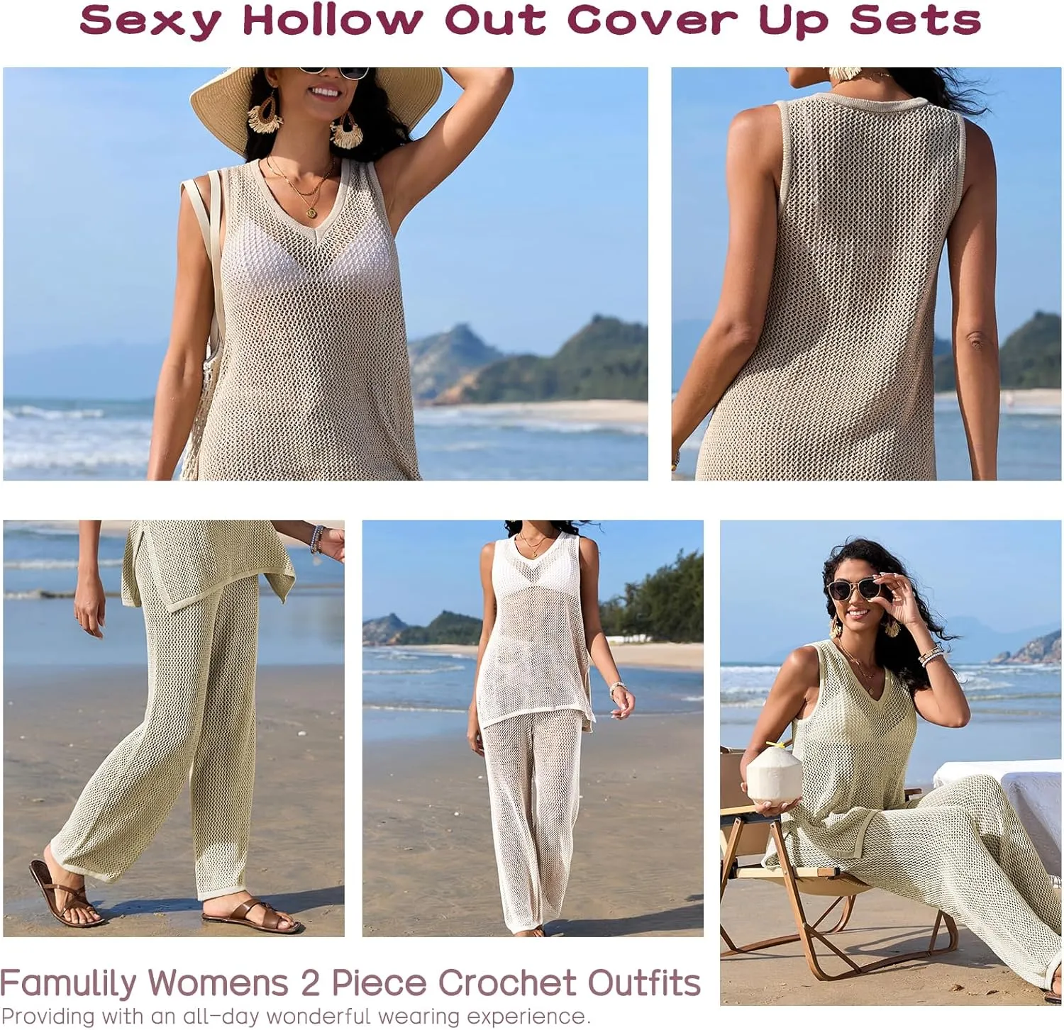 Famulily Womens 2 Piece Crochet Knit Outfits Summer Hollow Out Cover Up Sets Sleeveless Deep V Neck Top and Wide Leg Pants