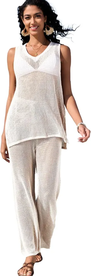 Famulily Womens 2 Piece Crochet Knit Outfits Summer Hollow Out Cover Up Sets Sleeveless Deep V Neck Top and Wide Leg Pants