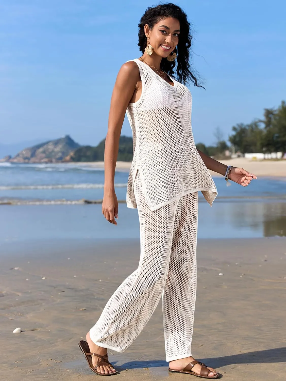 Famulily Womens 2 Piece Crochet Knit Outfits Summer Hollow Out Cover Up Sets Sleeveless Deep V Neck Top and Wide Leg Pants