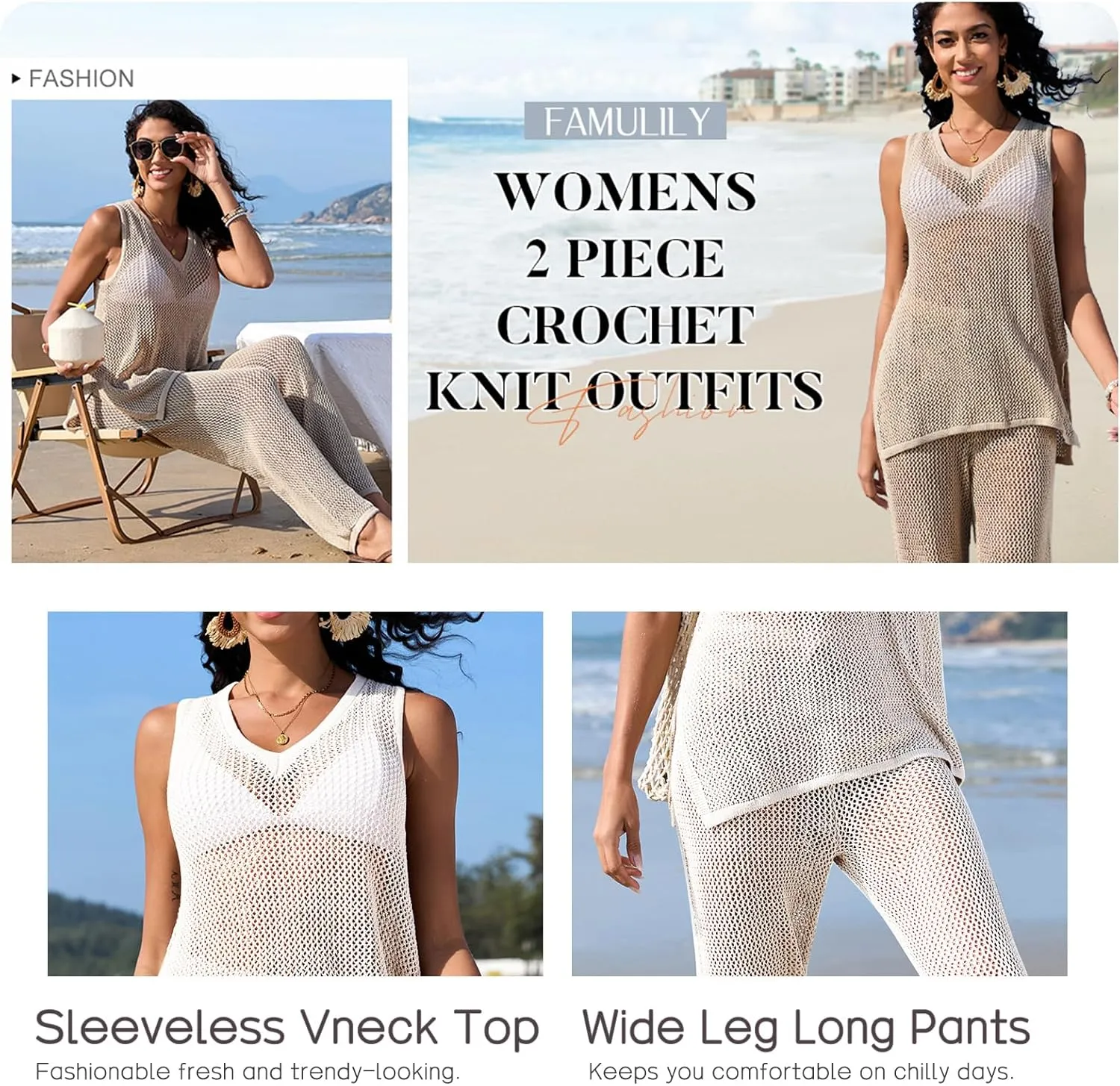 Famulily Womens 2 Piece Crochet Knit Outfits Summer Hollow Out Cover Up Sets Sleeveless Deep V Neck Top and Wide Leg Pants