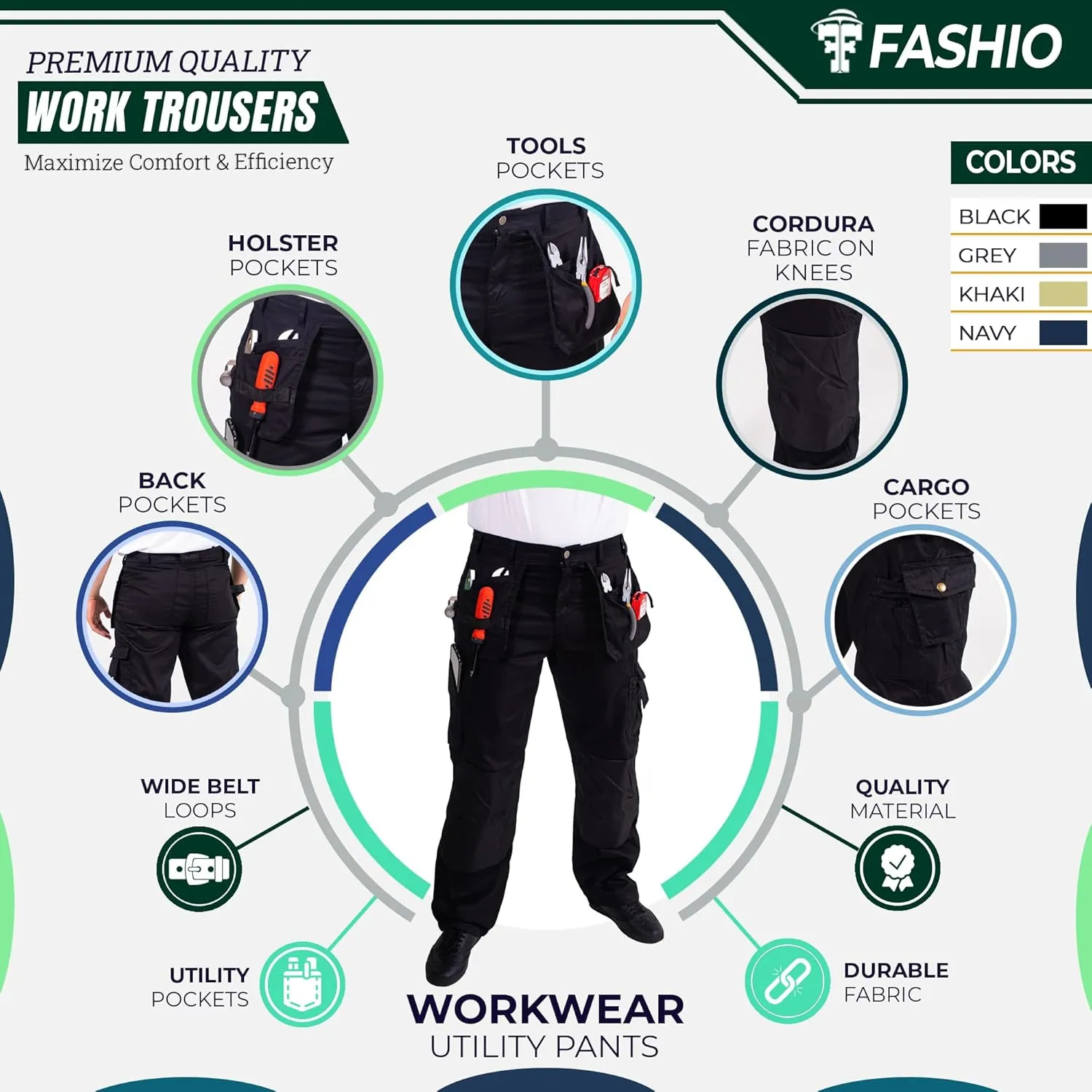 FASHIO FF Men's Work Casual Tactical Trouser with Holster Pockets Cordura Reinforced Pockets Heavy Duty Workwear Pants