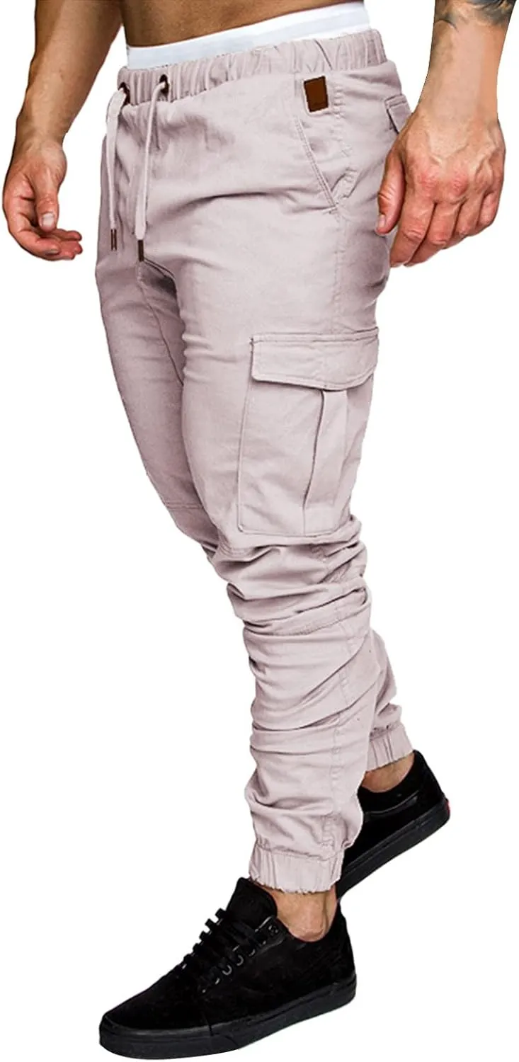 Fashion Cargo Sweatpants for Men Big and Tall Slim Fit Pencil Tapered Trousers Drawstring Stretch Comfy Jogger Sweat Pants