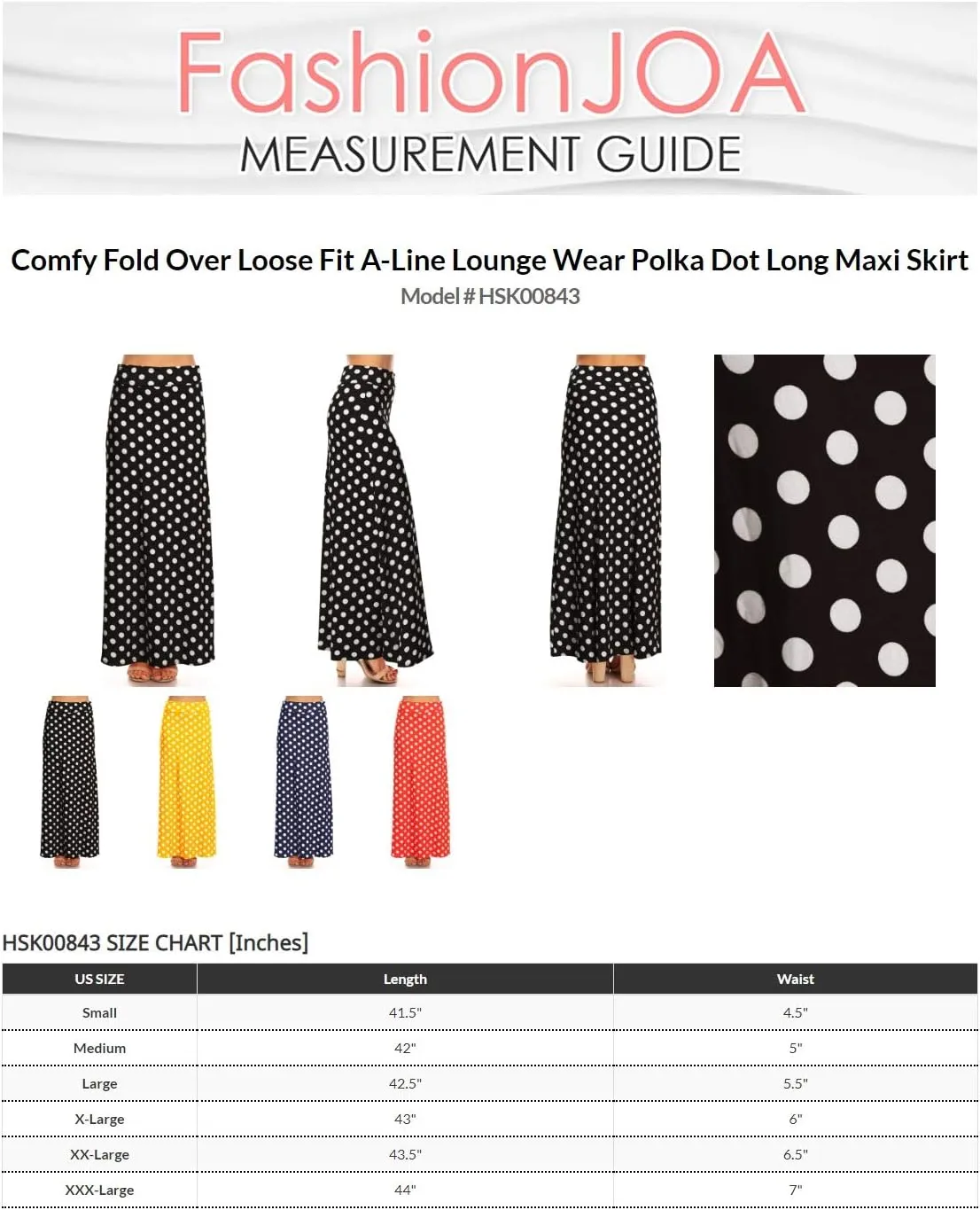 FashionJOA Women's Comfy Fold Over Loose Fit A-Line Lounge Wear Polka Dot Long Maxi Skirt