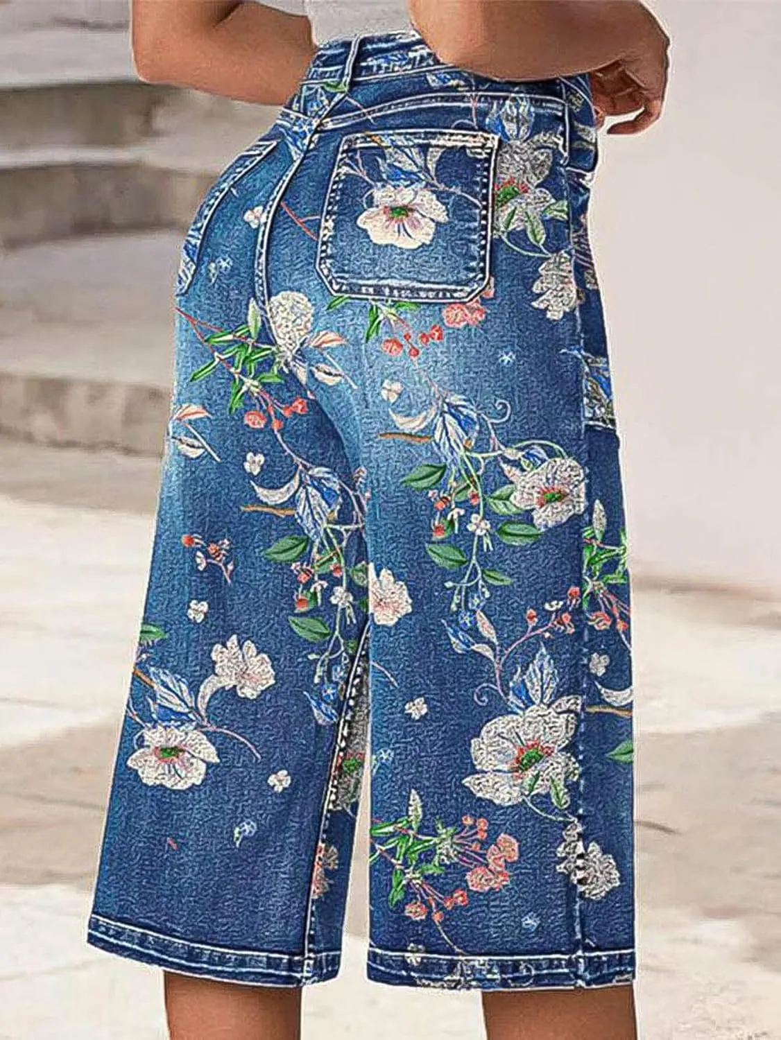 Flamingals High Rise Wide Leg Capris Floral Cropped Pants Summer Stretch Beach Casual Denim Capri