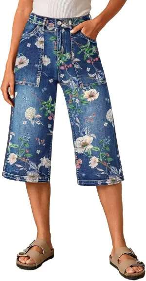 Flamingals High Rise Wide Leg Capris Floral Cropped Pants Summer Stretch Beach Casual Denim Capri