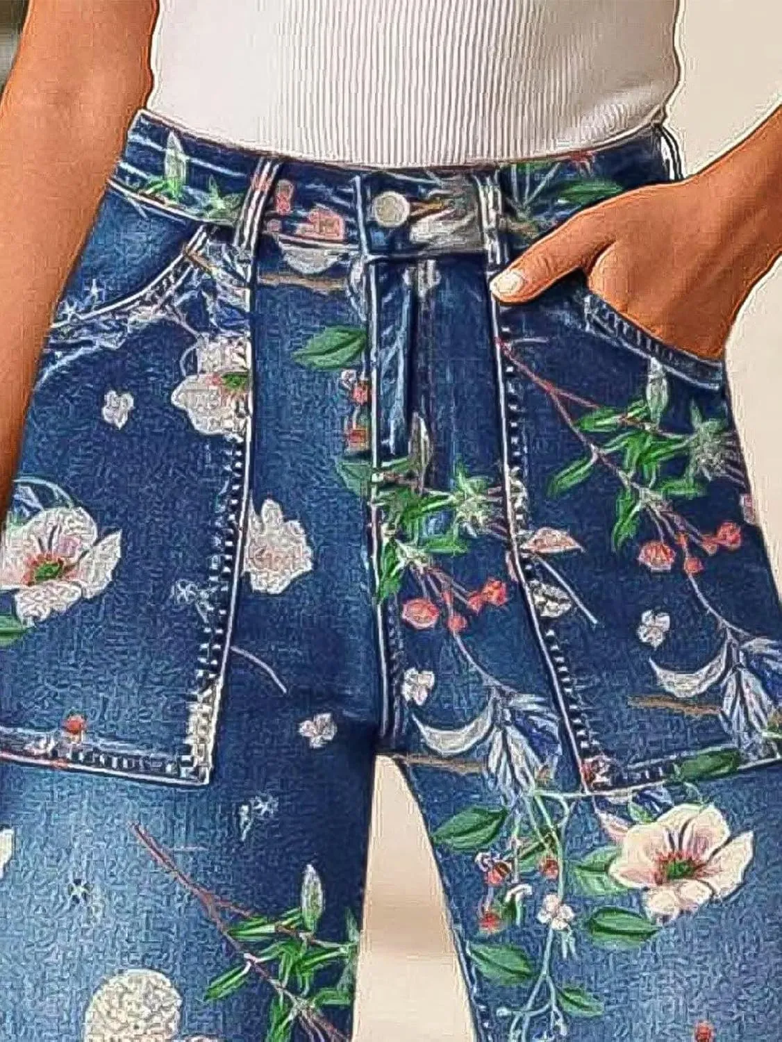 Flamingals High Rise Wide Leg Capris Floral Cropped Pants Summer Stretch Beach Casual Denim Capri