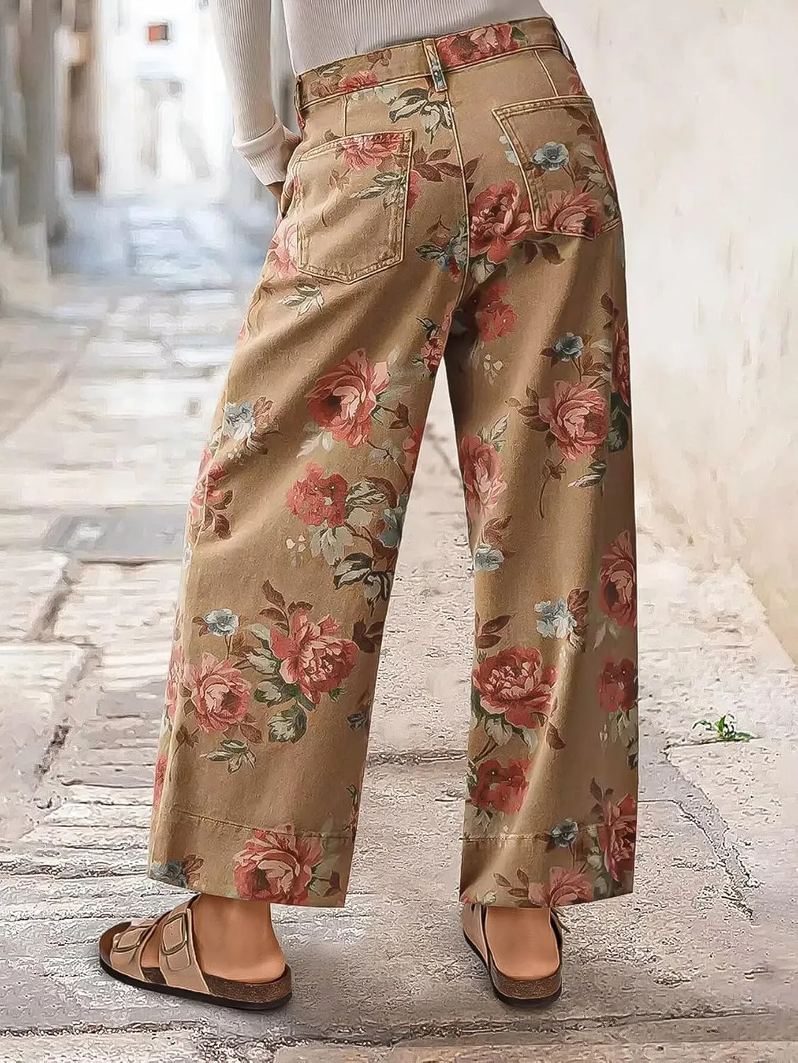 Flamingals Wide Leg Cropped Jeans for Women Trendy Mid Rise Floral Print Boho Casual Denim Ankle Pants