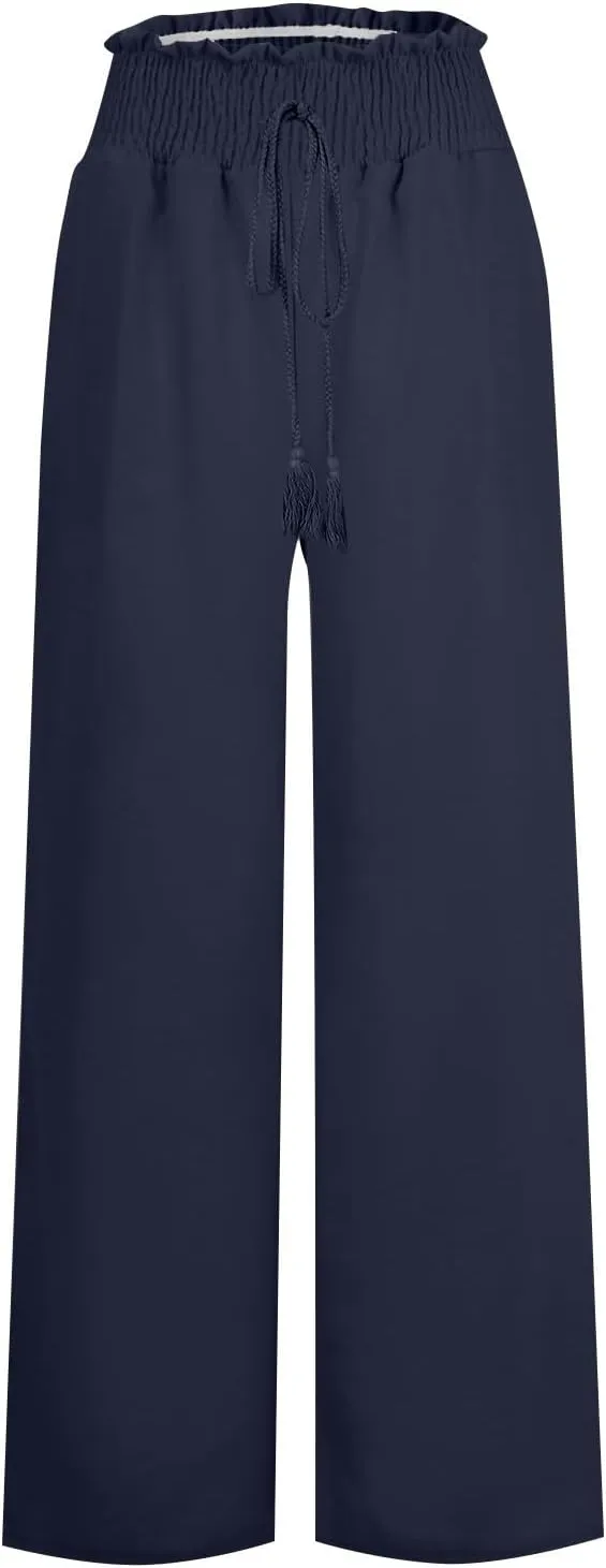 Flare Cropped Dress Pants for Women Casual Summer Wide Leg Linen Sports Trousers with Pockets HIgh Waist Vacation Pants
