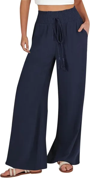 Flare Cropped Dress Pants for Women Casual Summer Wide Leg Linen Sports Trousers with Pockets HIgh Waist Vacation Pants