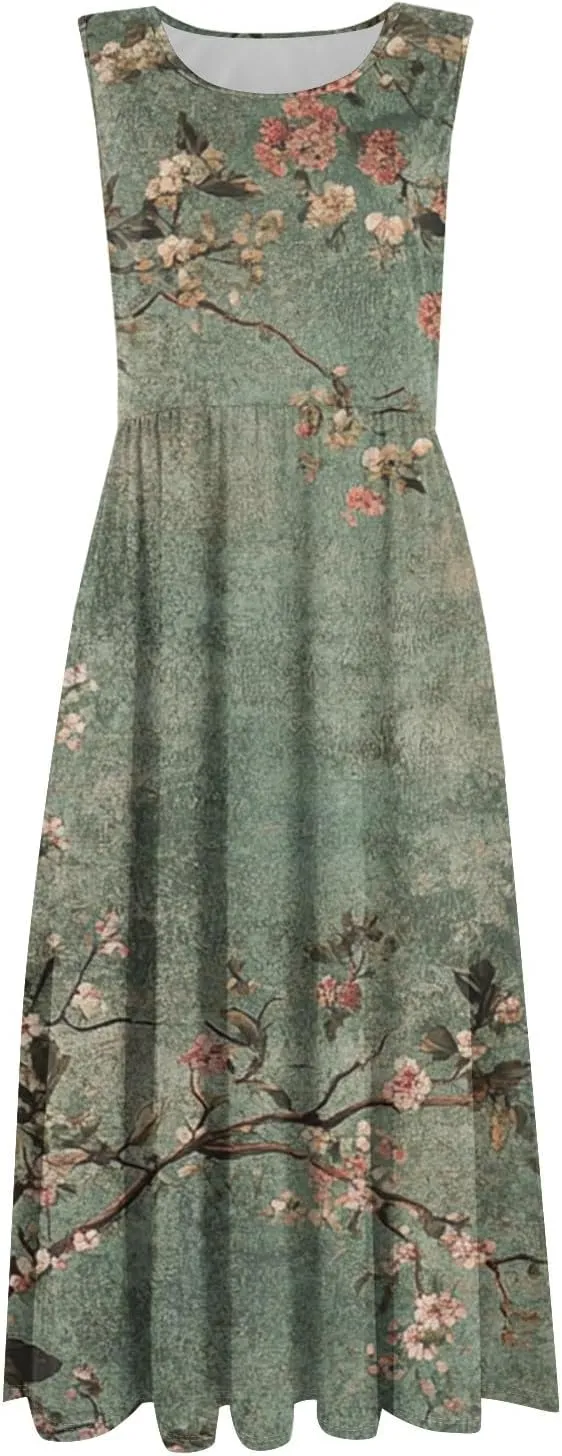 Floral Dress for Women 2025 Novelty Casual A Line Crew Neck Sleeveless Sundresses Elegant Lightweight Flowy Dress with Pocket