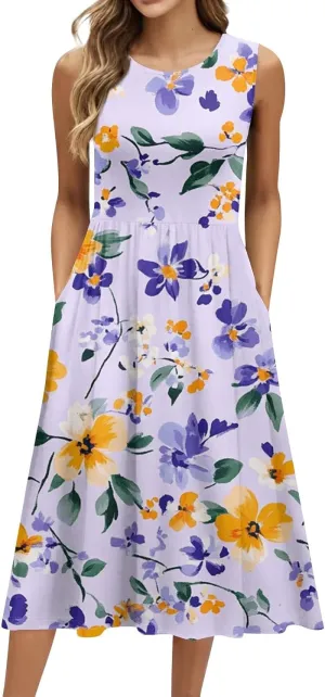 Floral Dress for Women 2025 Novelty Casual A Line Crew Neck Sleeveless Sundresses Elegant Lightweight Flowy Dress with Pocket