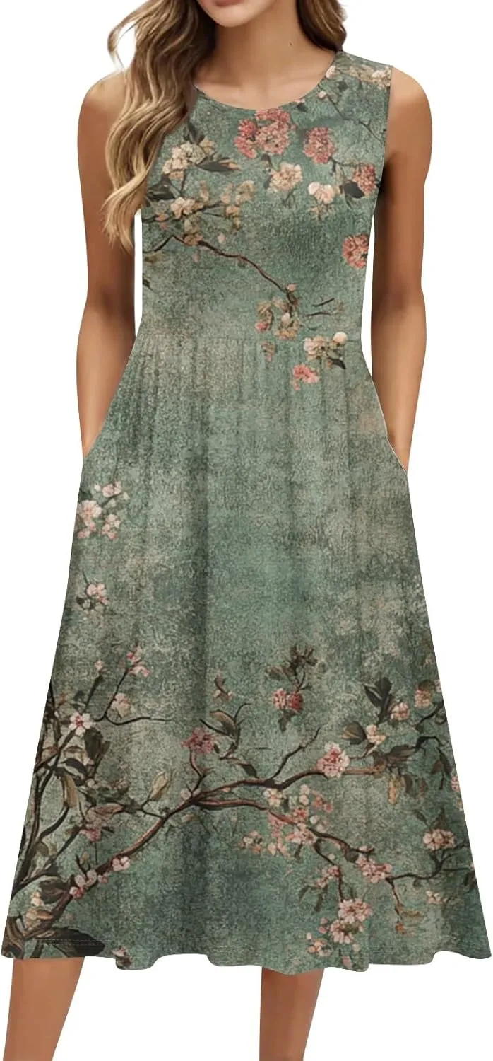 Floral Dress for Women 2025 Novelty Casual A Line Crew Neck Sleeveless Sundresses Elegant Lightweight Flowy Dress with Pocket