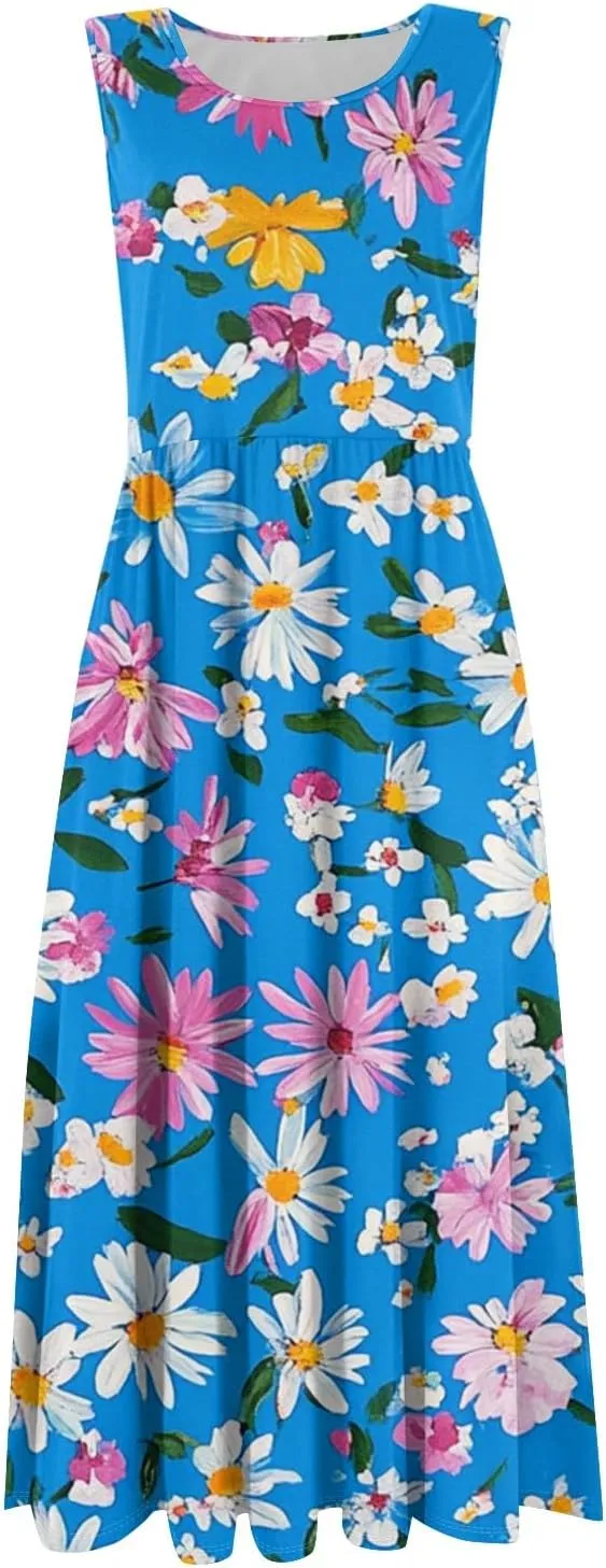 Floral Dress for Women 2025 Novelty Casual A Line Crew Neck Sleeveless Sundresses Elegant Lightweight Flowy Dress with Pocket