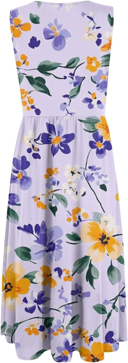 Floral Dress for Women 2025 Novelty Casual A Line Crew Neck Sleeveless Sundresses Elegant Lightweight Flowy Dress with Pocket