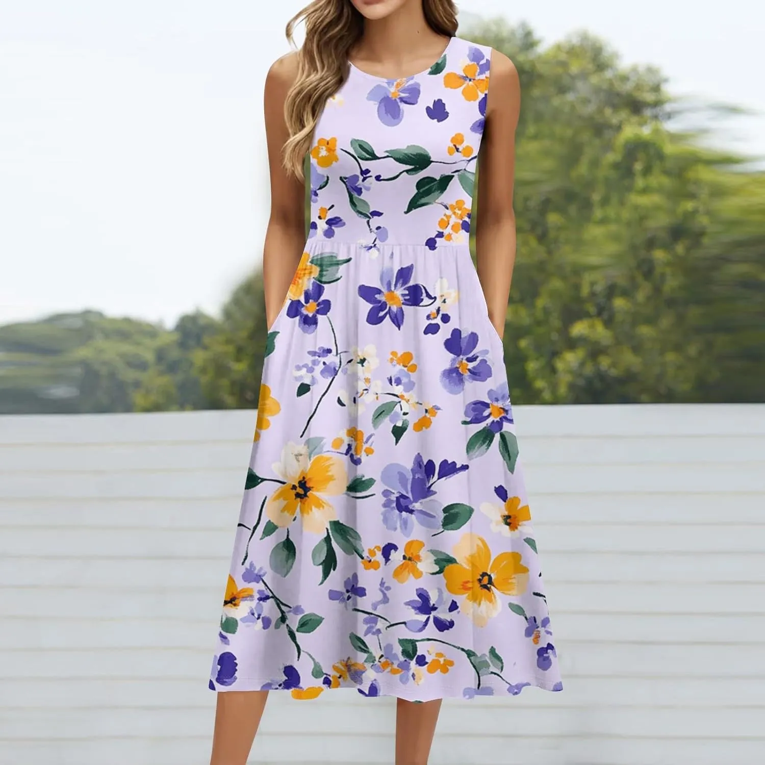 Floral Dress for Women 2025 Novelty Casual A Line Crew Neck Sleeveless Sundresses Elegant Lightweight Flowy Dress with Pocket