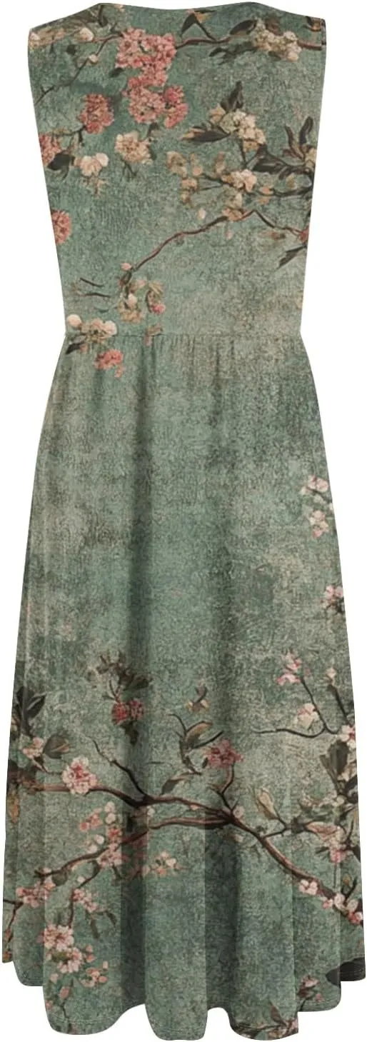 Floral Dress for Women 2025 Novelty Casual A Line Crew Neck Sleeveless Sundresses Elegant Lightweight Flowy Dress with Pocket