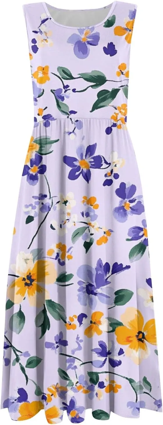 Floral Dress for Women 2025 Novelty Casual A Line Crew Neck Sleeveless Sundresses Elegant Lightweight Flowy Dress with Pocket