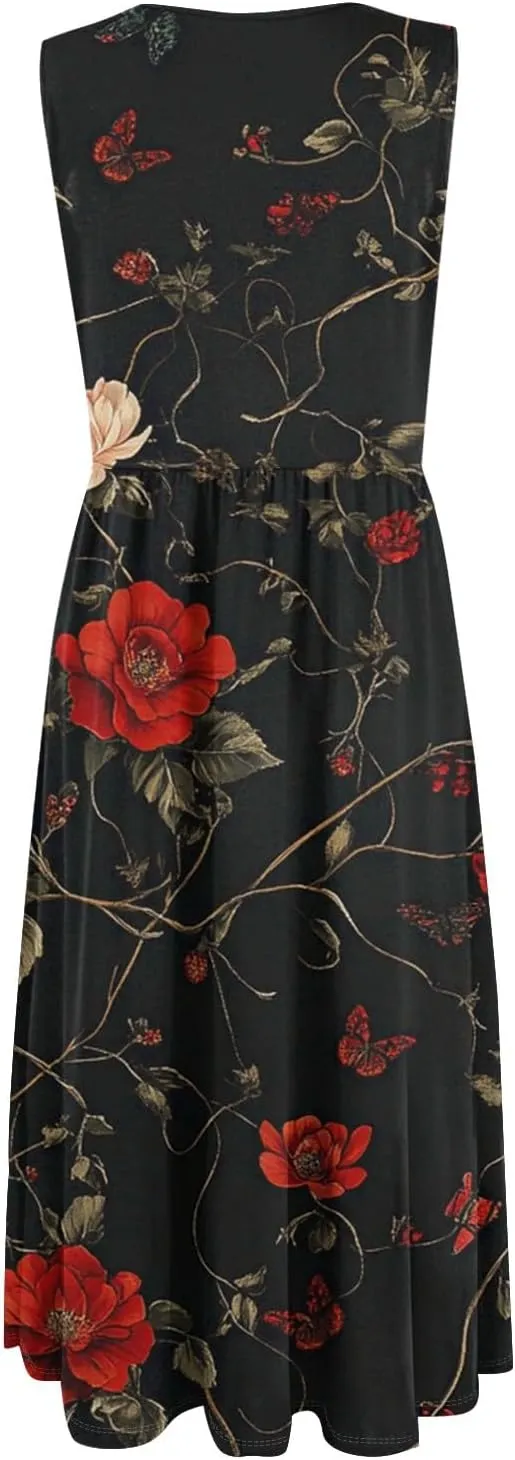 Floral Dress for Women 2025 Novelty Casual A Line Crew Neck Sleeveless Sundresses Elegant Lightweight Flowy Dress with Pocket