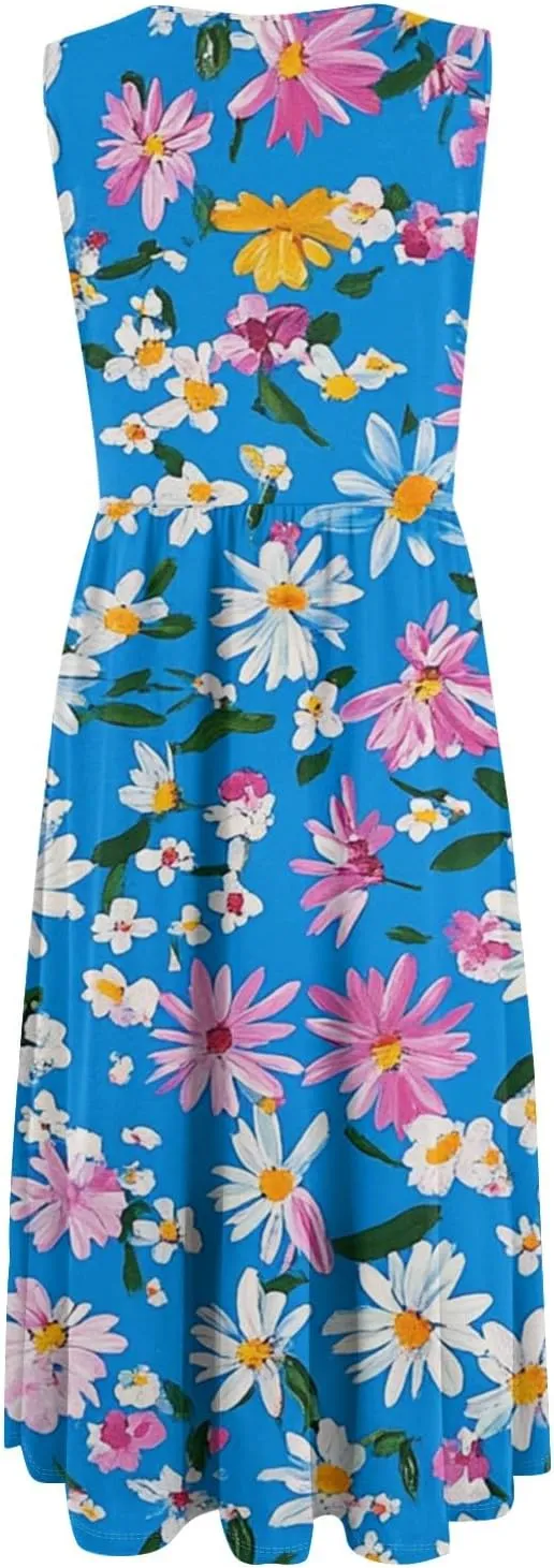 Floral Dress for Women 2025 Novelty Casual A Line Crew Neck Sleeveless Sundresses Elegant Lightweight Flowy Dress with Pocket