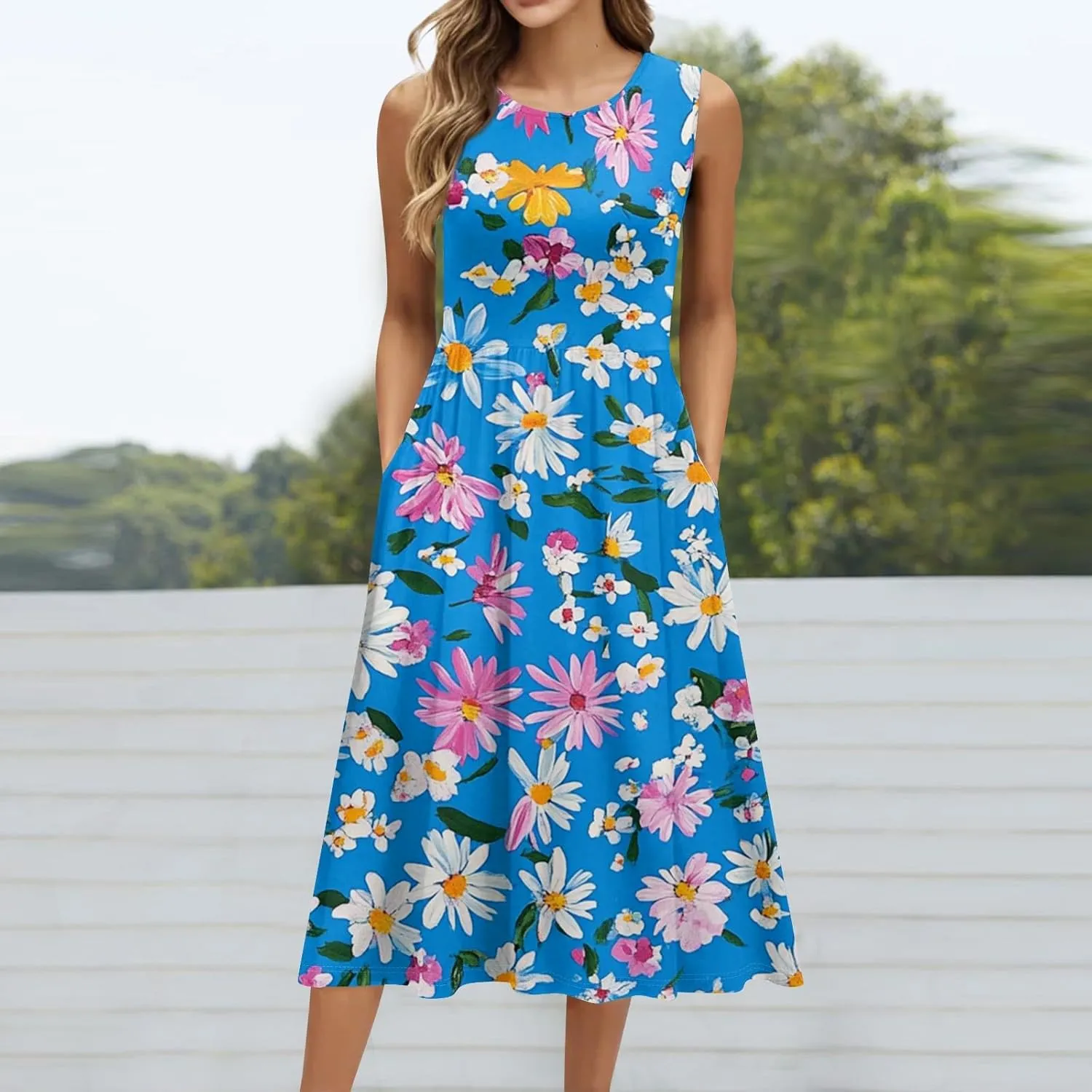 Floral Dress for Women 2025 Novelty Casual A Line Crew Neck Sleeveless Sundresses Elegant Lightweight Flowy Dress with Pocket
