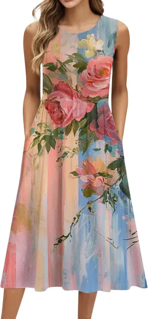 Floral Dress for Women 2025 Novelty Casual A Line Crew Neck Sleeveless Sundresses Elegant Lightweight Flowy Dress with Pocket