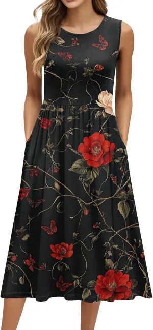 Floral Dress for Women 2025 Novelty Casual A Line Crew Neck Sleeveless Sundresses Elegant Lightweight Flowy Dress with Pocket