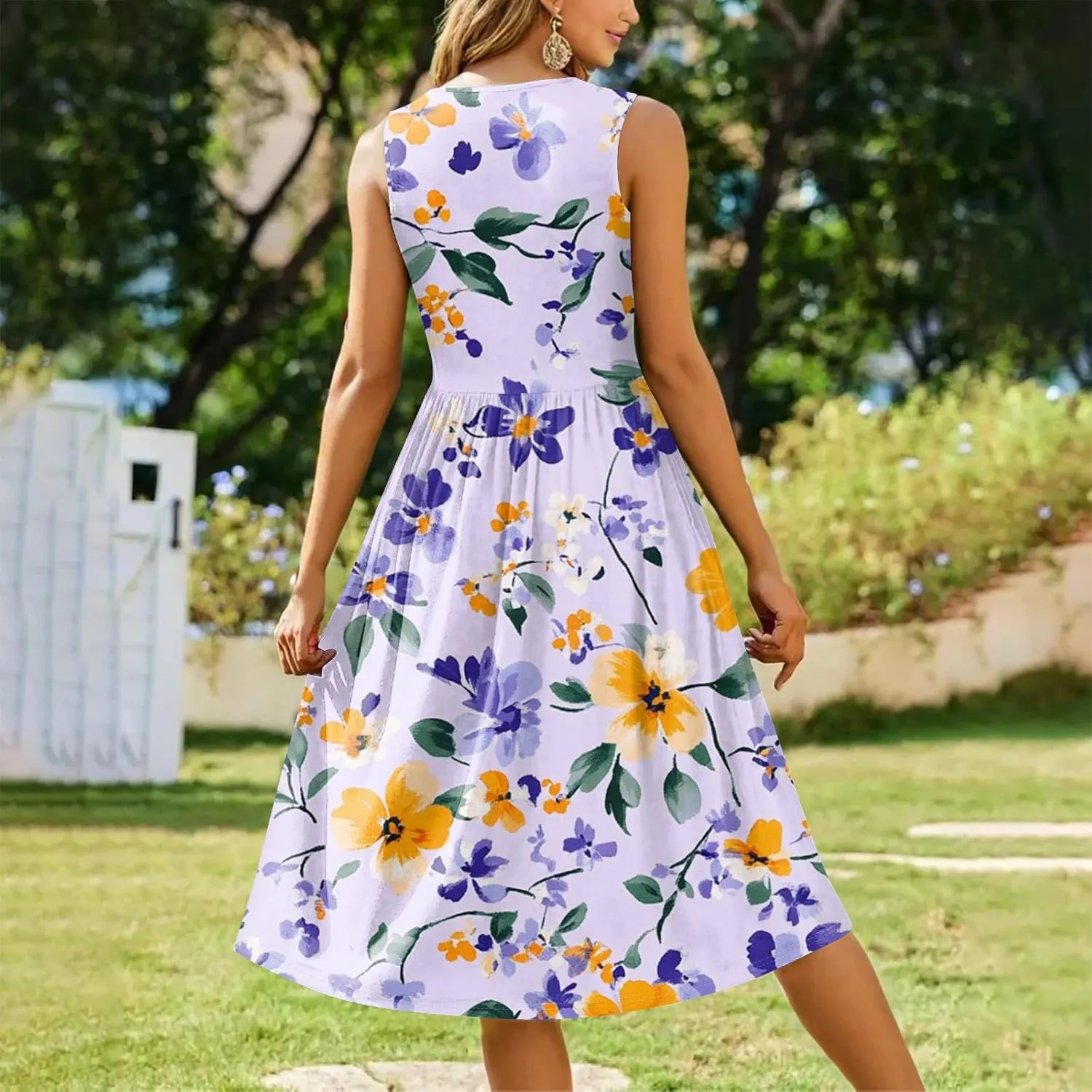 Floral Dress for Women 2025 Novelty Casual A Line Crew Neck Sleeveless Sundresses Elegant Lightweight Flowy Dress with Pocket