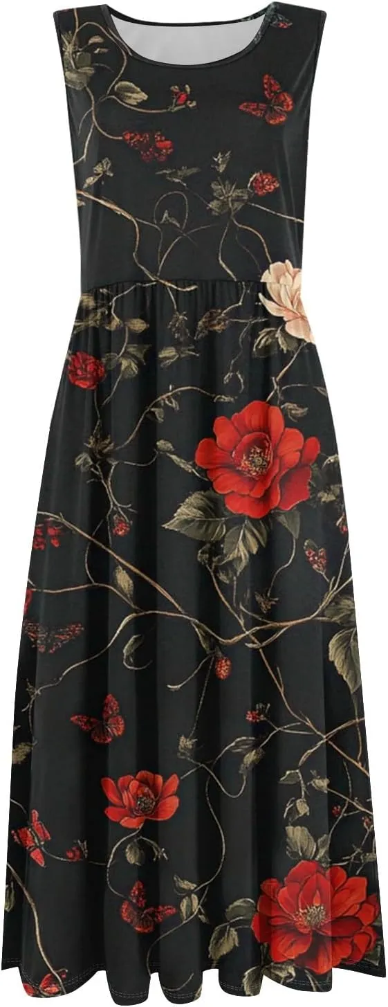 Floral Dress for Women 2025 Novelty Casual A Line Crew Neck Sleeveless Sundresses Elegant Lightweight Flowy Dress with Pocket
