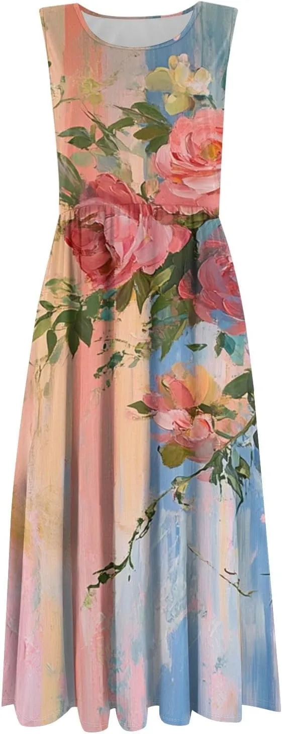 Floral Dress for Women 2025 Novelty Casual A Line Crew Neck Sleeveless Sundresses Elegant Lightweight Flowy Dress with Pocket