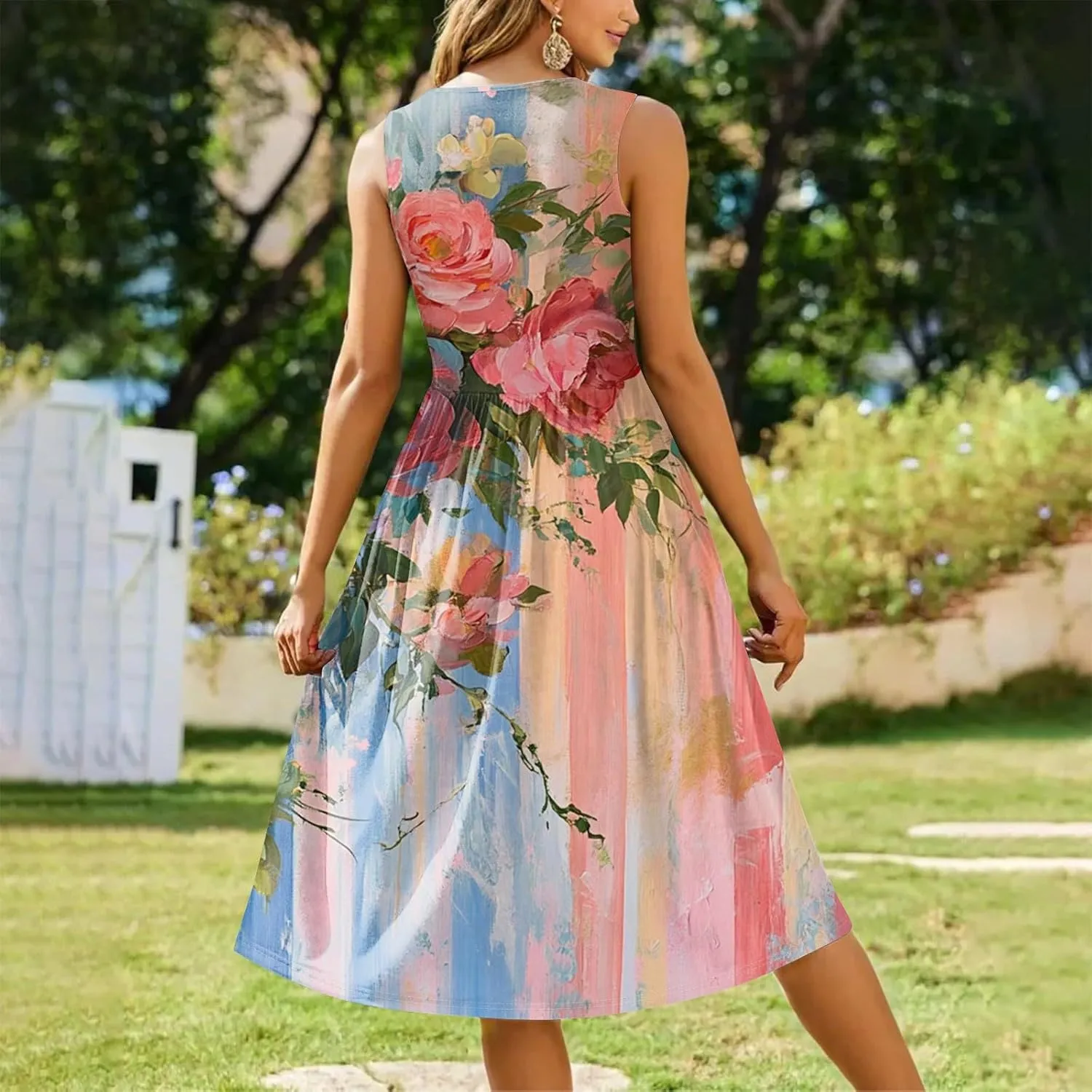 Floral Dress for Women 2025 Novelty Casual A Line Crew Neck Sleeveless Sundresses Elegant Lightweight Flowy Dress with Pocket