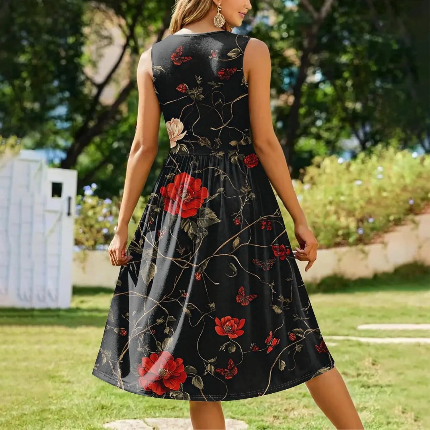 Floral Dress for Women 2025 Novelty Casual A Line Crew Neck Sleeveless Sundresses Elegant Lightweight Flowy Dress with Pocket