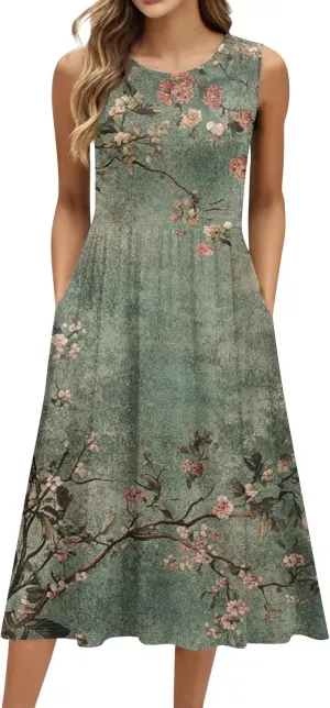 Floral Dress for Women 2025 Novelty Casual A Line Crew Neck Sleeveless Sundresses Elegant Lightweight Flowy Dress with Pocket
