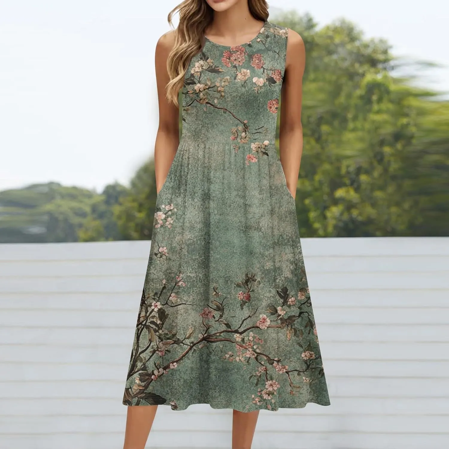 Floral Dress for Women 2025 Novelty Casual A Line Crew Neck Sleeveless Sundresses Elegant Lightweight Flowy Dress with Pocket