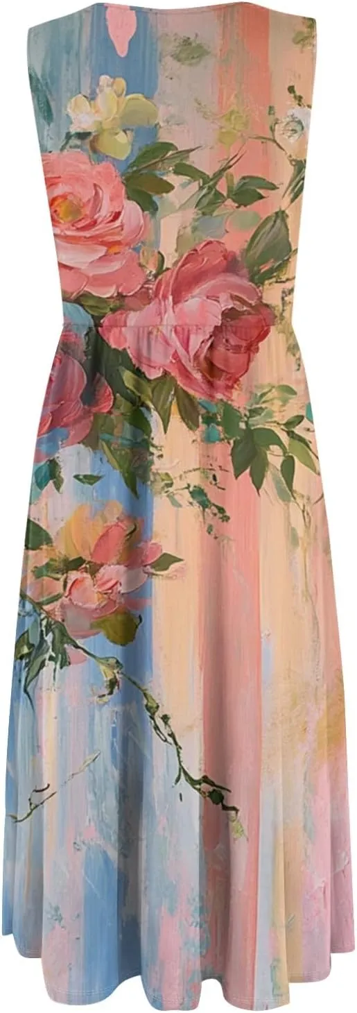 Floral Dress for Women 2025 Novelty Casual A Line Crew Neck Sleeveless Sundresses Elegant Lightweight Flowy Dress with Pocket