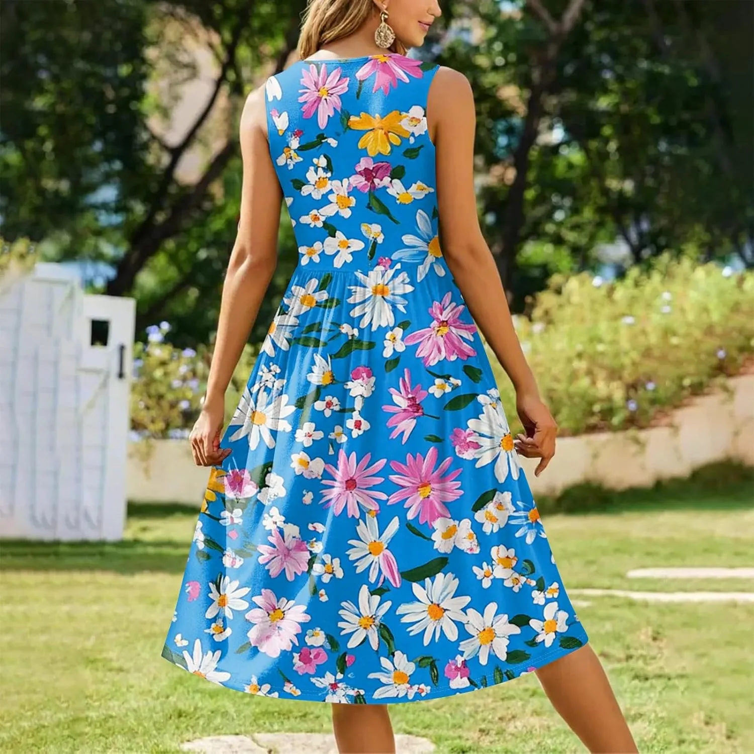 Floral Dress for Women 2025 Novelty Casual A Line Crew Neck Sleeveless Sundresses Elegant Lightweight Flowy Dress with Pocket