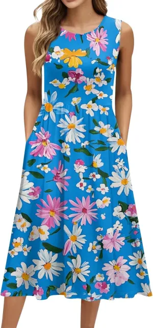 Floral Dress for Women 2025 Novelty Casual A Line Crew Neck Sleeveless Sundresses Elegant Lightweight Flowy Dress with Pocket