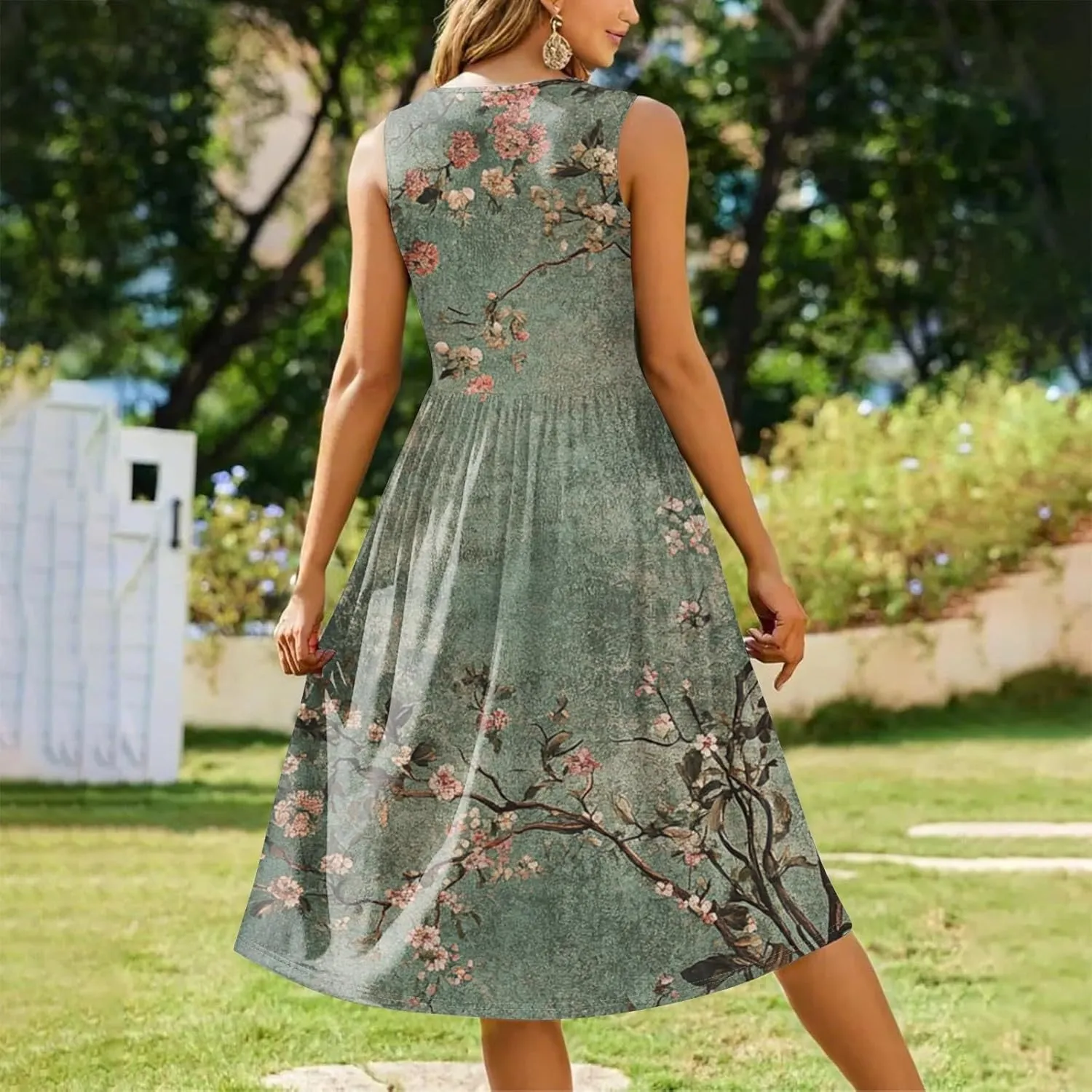 Floral Dress for Women 2025 Novelty Casual A Line Crew Neck Sleeveless Sundresses Elegant Lightweight Flowy Dress with Pocket