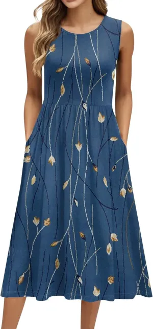 Floral Dress for Women 2025 Novelty Casual Loose Crew Neck Sleeveless Sundresses Elegant Lightweight Comfy Dress with Pockets